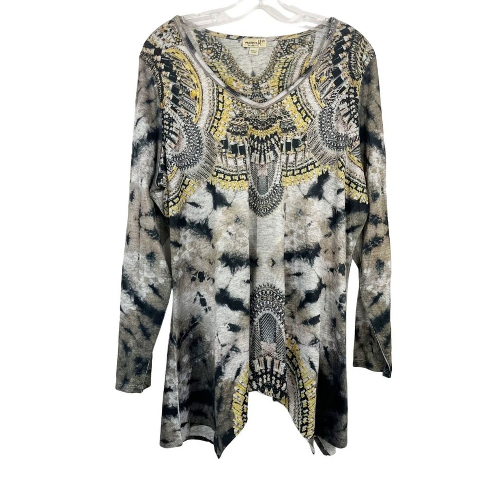 One World Long Sleeve Top Asymmetrical Hem Rhinestone Artsy - Women's Size 2X